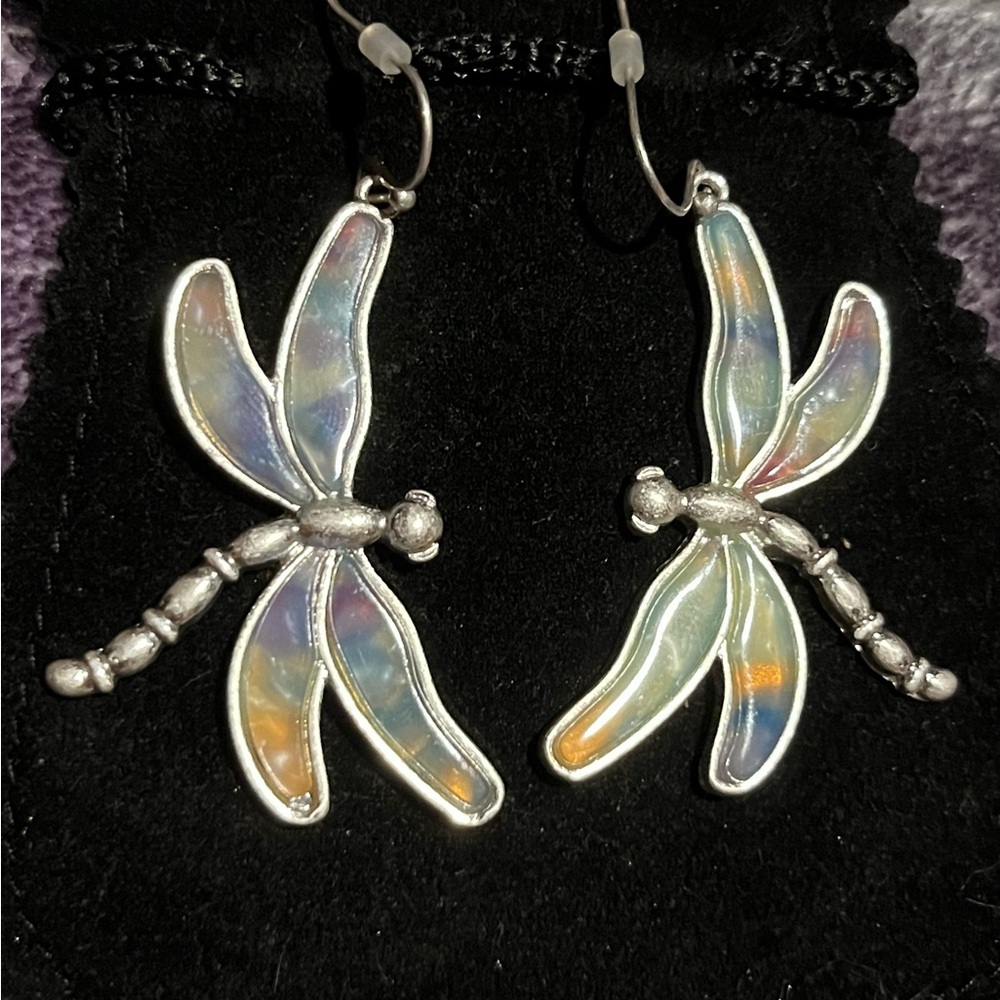 Silver and Multi-Colored Enamel Dragonfly Earrings